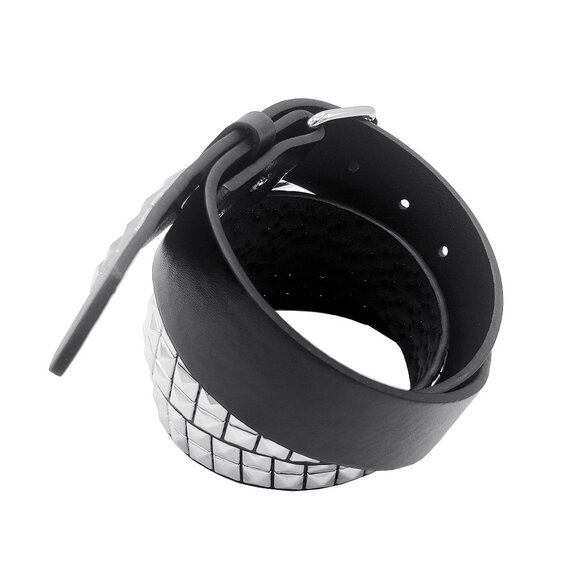 New Metal Studded Black Leather Belt Unisex 3-Rows Metal Pyramid Size Large - Picture 2 of 3